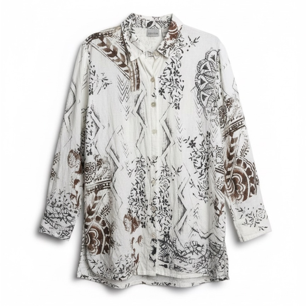 Chico’s 100% Linen White Black and Brown Patterned Button Tunic Shirt